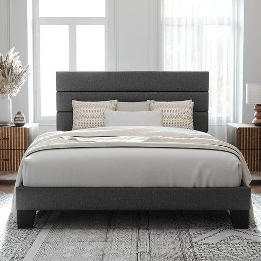 Queen Size Platform Bed Frame with Fabric Upholstered Headboard, No Box Spring Needed, Dark Grey