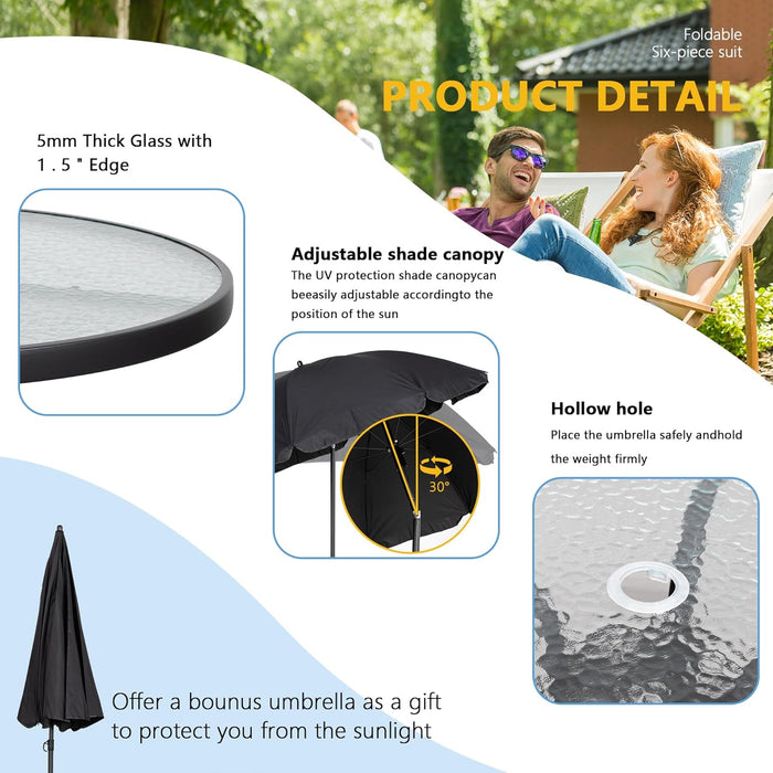 6 Piece Patio Dining Set with Umbrella, Outdoor Furniture Set with 4 Folding Chairs and Tempered Glass Top Dining Table Fot Lawn Backyard Garden Porch Black