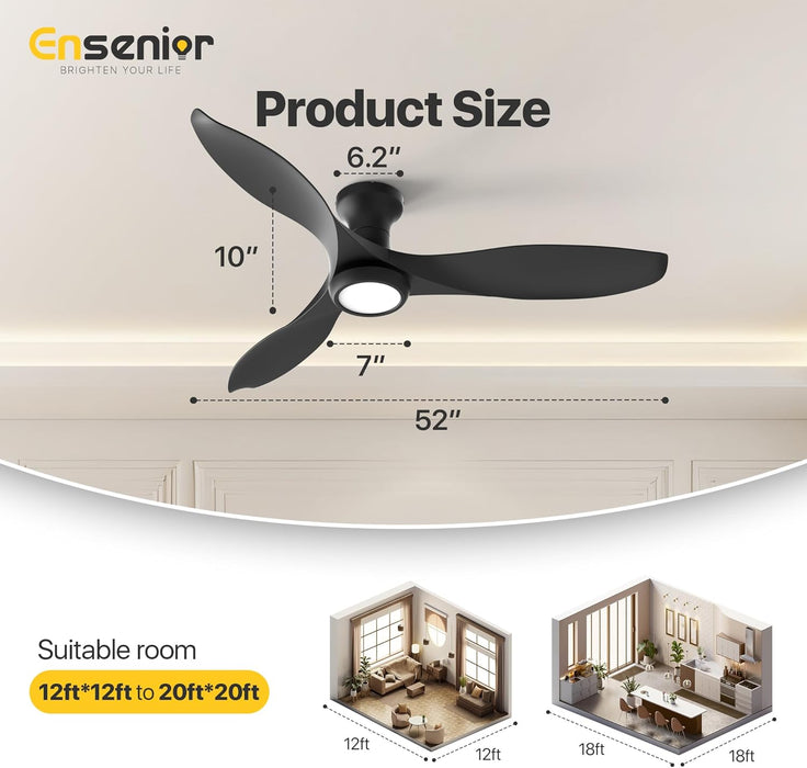 52 Inch Flush Mount Ceiling Fan with Light and Remote, Black Low Profile Ceiling Fans with Lights for Bedroom Living Room, 3 ABS Blades, Modern Quiet Reversible DC Motor, 3CCT, 6 Speeds