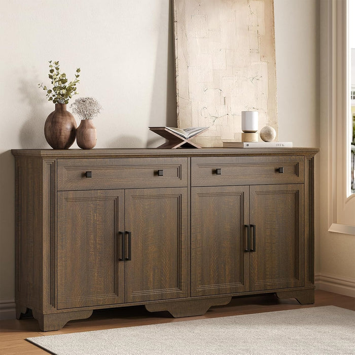 63" Sideboard Buffet Cabinet, Kitchen Buffet Storage Cabinet, Large Credenza with Drawers & Doors, Wood Coffee Bar Console Wine Bar for Living Room Hallway Brown