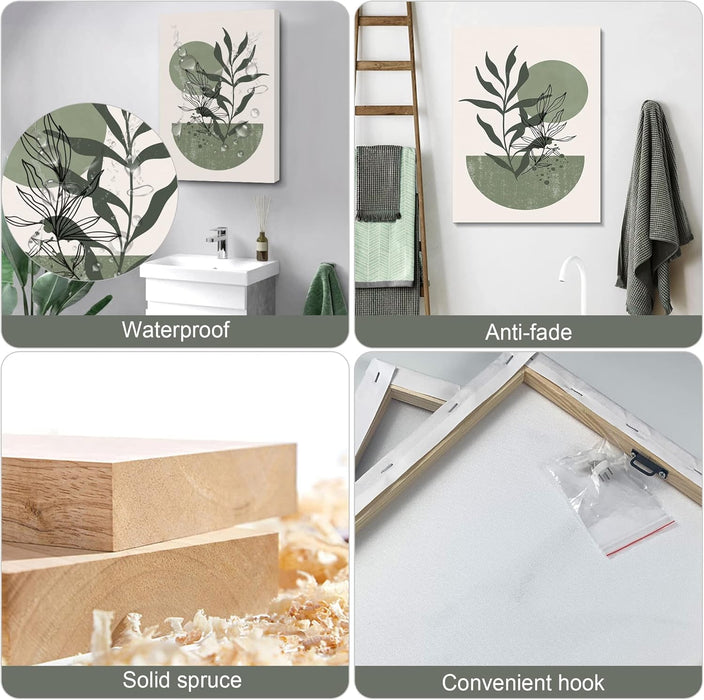 Sage Green Wall Posters & Prints, Green Boho Wall Art Set of 3, Minimalist Framed Wall Art Geometric Line Leaf Sun Moon Beige Green Canvas Artwork Paintings