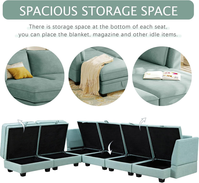 Large U-Shaped Combination Corner Sofa with Storage Seat, Modular Sectional Sofa with Reversible Chaise, for Living Room, Office, and Spacious Space, Light Green
