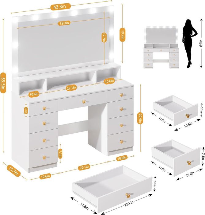 Vanity Desk with Lighted Mirror, Makeup Vanity Table with Power Outlet, 9 Drawers & Crystal Handles, 43.3” Large Vanity Desk Dressing Table for Women, Girls, Bedroom, White