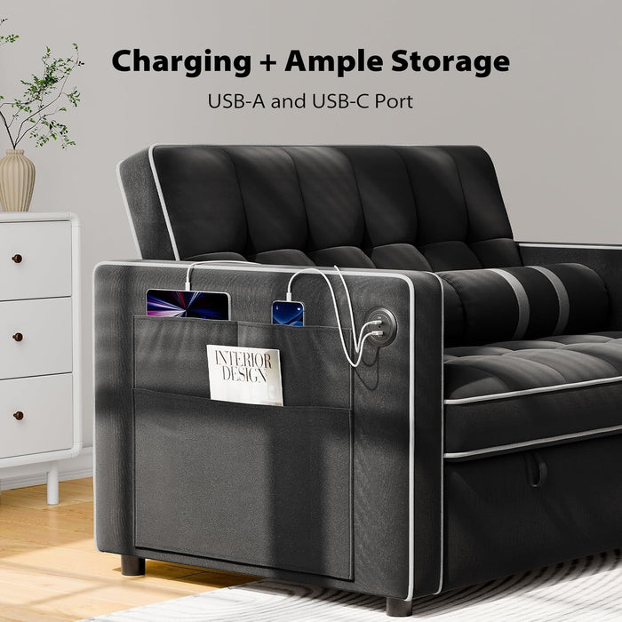 Charcoal Velvet Multifunctional Sleeper Sofa Bed USB