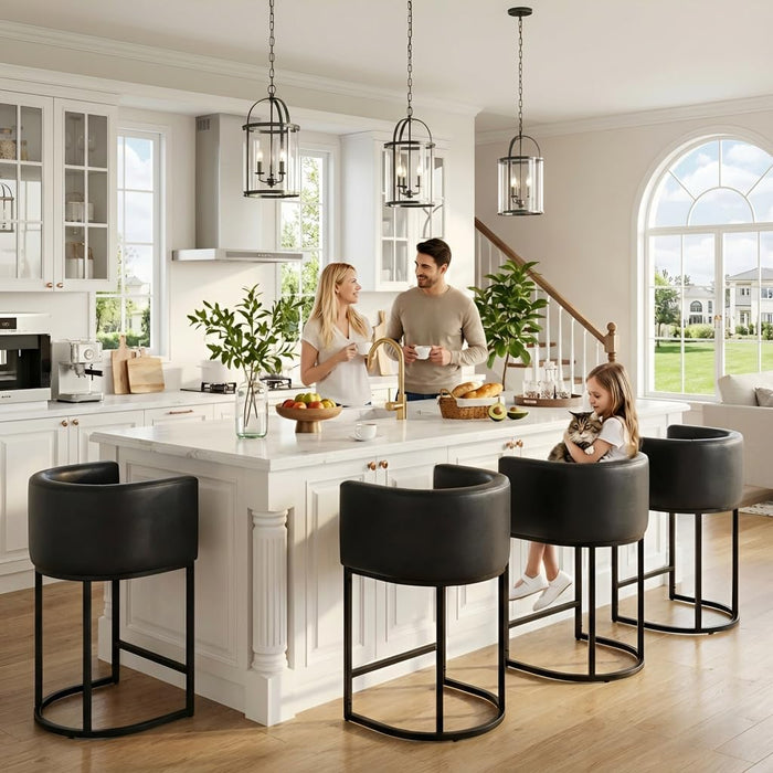 Black Modern Barrel Counter Height Clearance Bar Stools Set of 3, 24 Inch PU Leather Kitchen Barstools with Back for Island, with Black Metal Tubular Frame