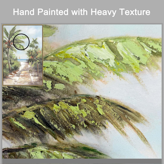 Beach Canvas Framed Wall Art - Hand Painted Ocean View Paintings Palm Tree Pictures Tropical Coastal Scenery Seaside Artwork for Living Room