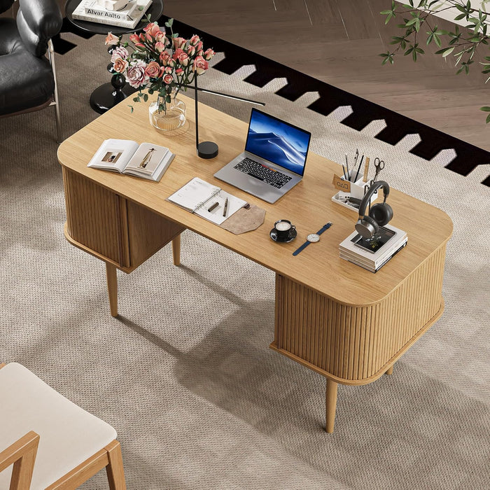 55" Modern Writing Desk with Storage, Wood Home Office Desk with Sliding Doors, Computer Desk for Home Office, Dorm, Living Room, Home Study Table, Natural