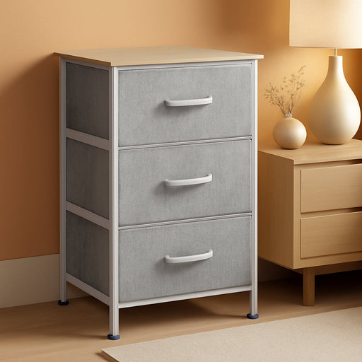 Nightstand with 3 Drawers, Fabric Dresser, Organizer Unit, Storage Dresser for Bedroom, Hallway, Entryway, Closets, Sturdy Steel Frame, Wood Top, Easy Pull Handle, Light Grey