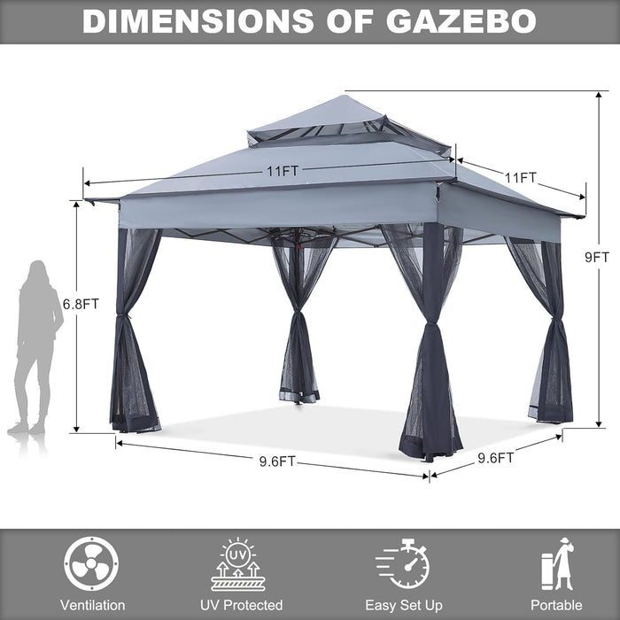 Pop up Gazebo 11X11 - Outdoor Canopy Tent with Mosquito Netting for Patio Garden Backyard (Gray)