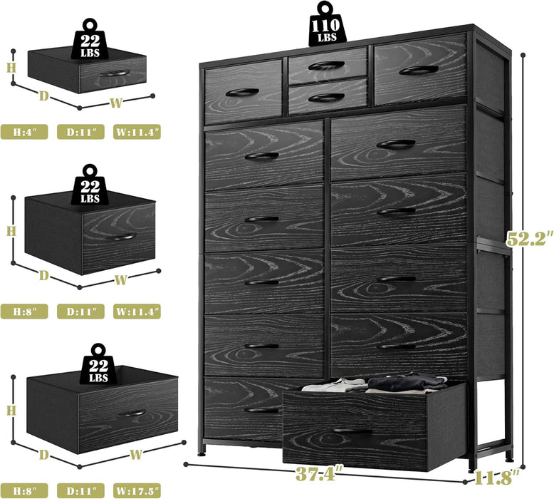 Black Dresser with 10+4 Storage Drawers, Chest of Drawers, Sturdy Metal Frame & Wood Top, Bedroom, Hallway, Closets, Living Room, 52.2" H X 37.4" W X 11.8" D