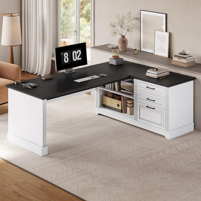 Farmhouse 61" Executive L Shaped Desk, Home Office Desk with File Drawers, Computer Desk with Power Outlets and Storage Shelves for Home Office, White