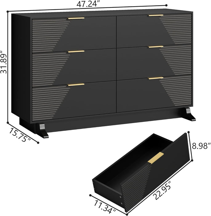 47.24" Wide Dresser for Bedroom, 6 Drawer Black Dresser with Fluted Design & Gold Metal Handle, Chest of Drawers Dressers with Sturdy Base, Wood Dressers for Bedroom, Living Room, Hallway