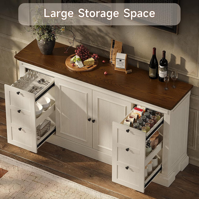 Sideboard Buffet Cabinet with Storage, 63" Large Credenza Kitchen Storage Cabinets with Drawer and Door, Wood Coffee Bar Table with Adjustable Shelf for Living Room, Kitchen, American Retro, off White