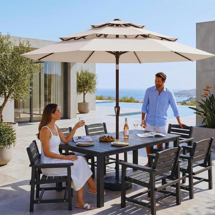 10Ft 3 Tier Patio Umbrella, Outdoor Market Table Umbrella with UPF 50+ Vented Canopy, 8 Sturdy Ribs, Easy Push Button Tilt and Crank, Windproof for Deck, Pool, Backyard and Garden