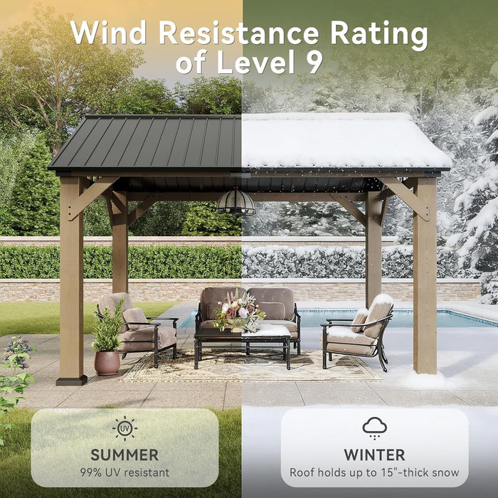 10' X 12' Outdoor Wood Gazebo, Hardtop Gazebo Permanent Wooden Pavilion with Gable Galvanized Steel Roof for Patio, Garden, Backyard, Natural