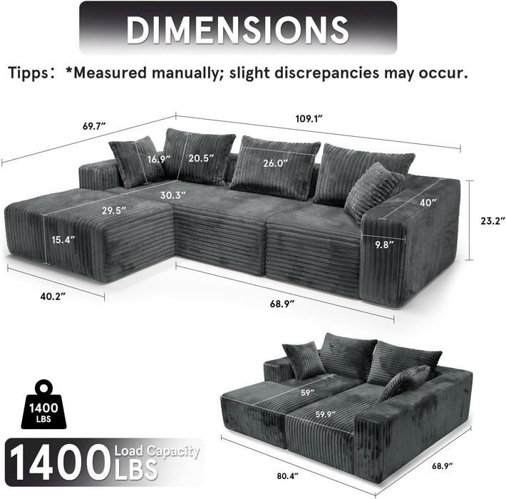 109-Inch L-Shaped Cloud Couch Modular Sectional Sofa