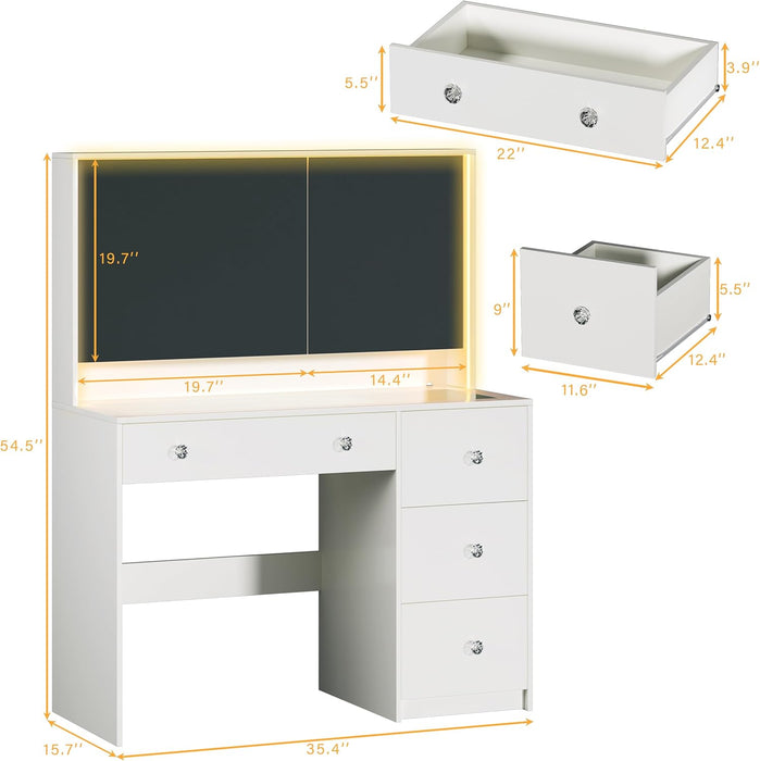 Vanity Desk with Mirror and Lights, 35.4'' Makeup Vanity with Glass Top & Power Outlet, White Vanity Table with 4 Large Drawers & 3 Hidden Storage Shelves, 3 LED Lighting Modes & Adjustable Brightness
