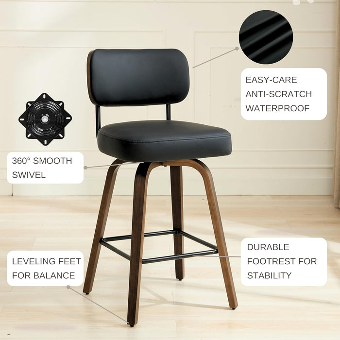 Swivel Bar Stools Set of 4, 26" Upholstered Counter Height Bar Stools with Back and Walnut Wood Legs, Faux Leather Barstools for Kitchen Counter, Black
