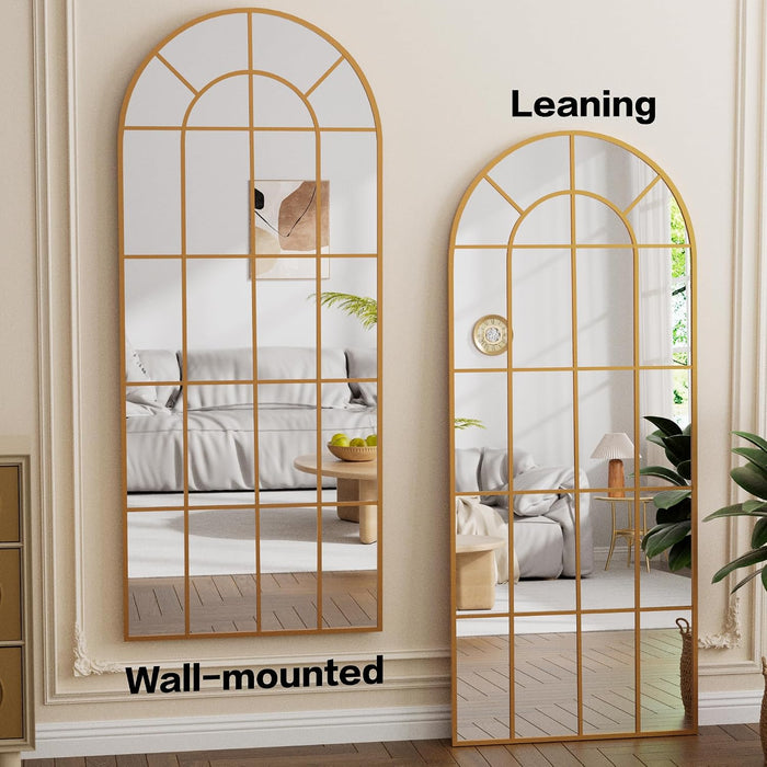 Arched Full Length Mirror 71"X30" Gold Windowpane Floor Mirror