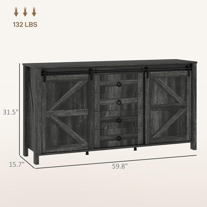 60" Farmhouse Sideboard Buffet Cabinet with Storage, Kitchen Cabinet with 2 Sliding Barn Doors, 4 Deep Drawers and 2 Adjustable Shelves, Distressed Dark Gray