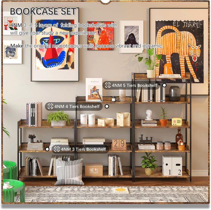 Extra Wdie No Assembly Folding Bookshelf, 64.3" H X 30.9" W, 5 Tier Collapsible Book Shelf Bookcase Foldable Shelves for Bedroom Living Room Home Office - Rustic Brown & Black