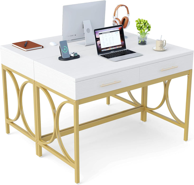 Modern Computer Desk with 2 Drawers Set of 2, 41 Inches Study Writing Office Desk for Home Office, Bedroom, Makeup Vanity Table Desk with Gold Metal Frame, White & Gold