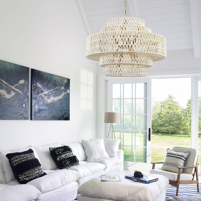 White Chandelier Large Rattan Lights for Living Room 8-Light