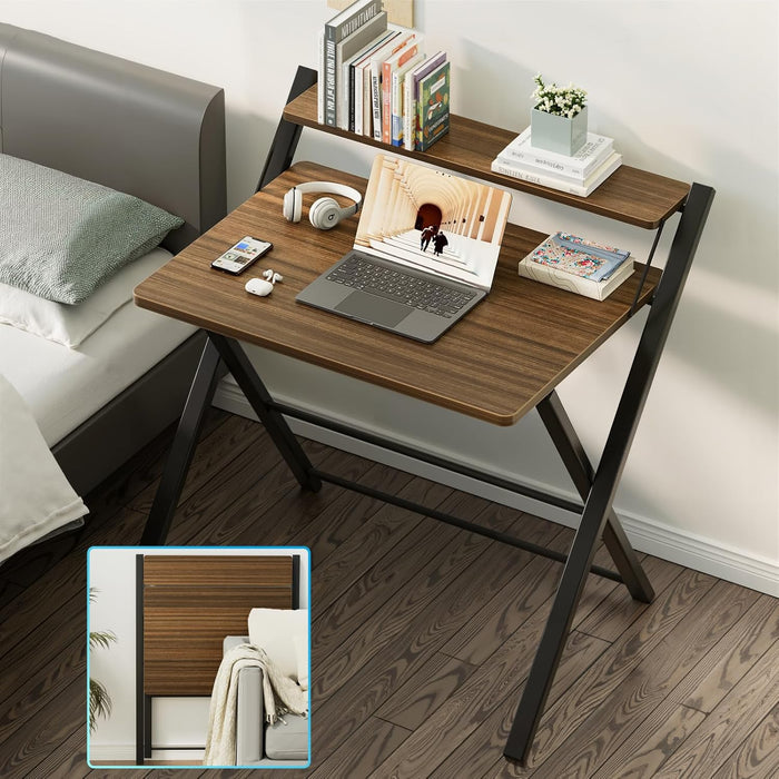 No Assembly Folding Desk, 2-Tier Compact Computer Desk with Shelf, 30 Inch Space Saving Foldable Table for Home Office, Dorm or Apartment, Portable Collapsible Sturdy Laptop Desk, Espresso