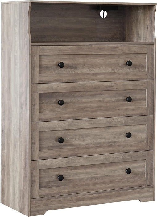 Tall Dressers with 4 Drawer Storage and LED Lights, Gray Wood Chest of Drawers with Charging Station for Bedroom, Living Room, Closet, Hallway, Wooden Nightstand Dresser for Bedside