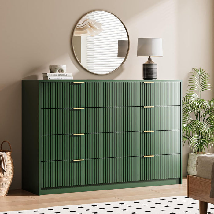 55" Wide Fluted 8-Drawer Double Dresser for Bedroom, Green