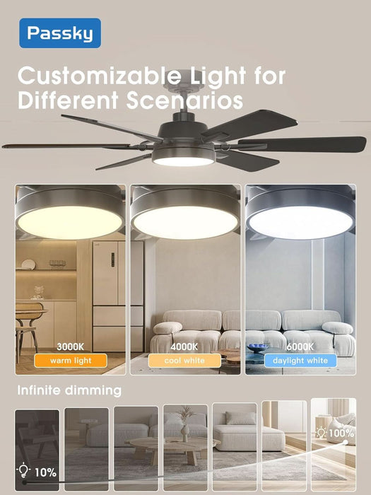 Ceiling Fans with Lights, 52 Inch Ceiling Fan with Light and Remote Control, Reversible, Dimmable, 3CCT, Quiet, Black Modern Ceiling Fan for Bedroom, Living Room