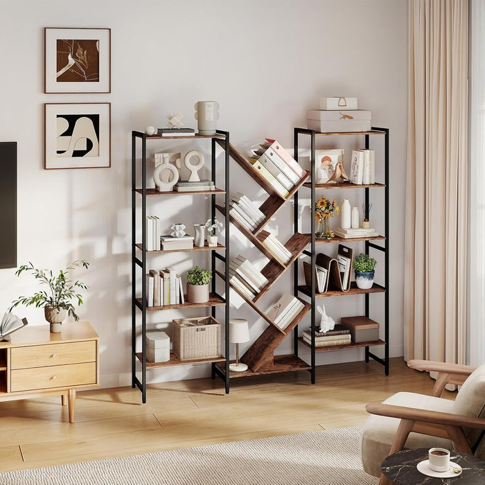 Triple 5 Tier Bookcase, 17 Open Display Shelves Industrial Bookshelf