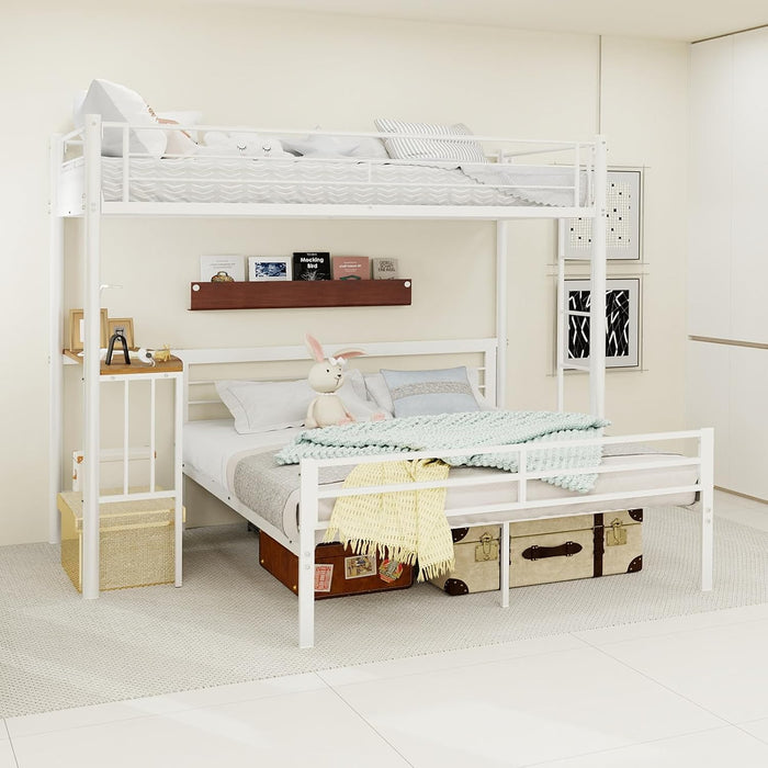 L-Shaped Twin over Full Bunk Bed with Desk, Heavy Duty Metal Loft Bed Frame with Ladder and Safety Guardrails, Space Saving Furniture for Kids, Teens, Bedroom, Dorm and Apartment, (White)