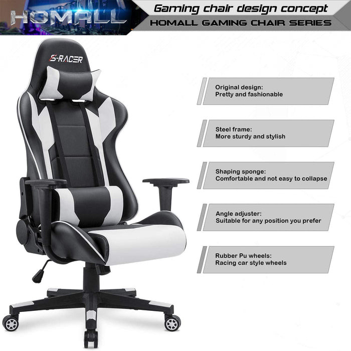 Gaming Chair, Office Chair High Back Computer Chair Leather Desk Chair Racing Executive Ergonomic Adjustable Swivel Task Chair with Headrest and Lumbar Support (White)