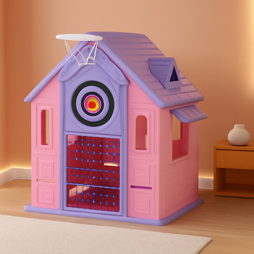 Kids Cottage Playhouse with Magnetic Dartboard, Basketball Hoop, Ring Toss & Soccer Goal – Indoor & Outdoor Playhouse