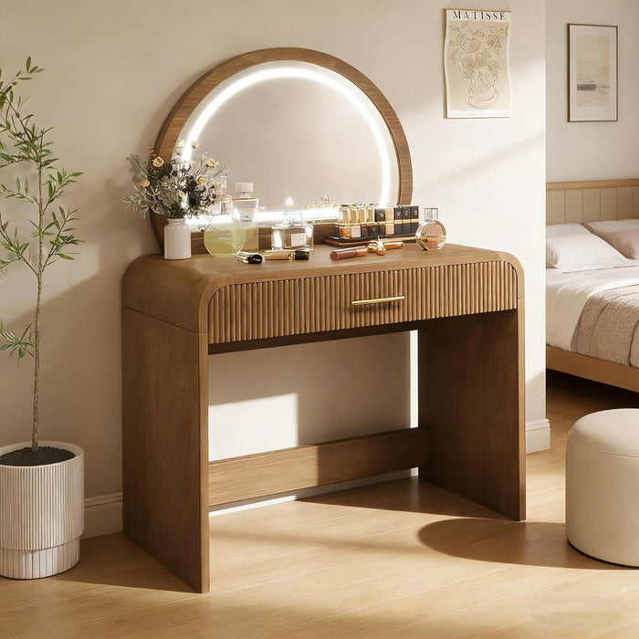 36" Fluted Vanity Desk with HD Lighted Mirror, Rubber Wood Modern Vanity Desk with Drawer & Mobile Mirror, 2-In-1 Dressing Table for Bedroom, Espresso