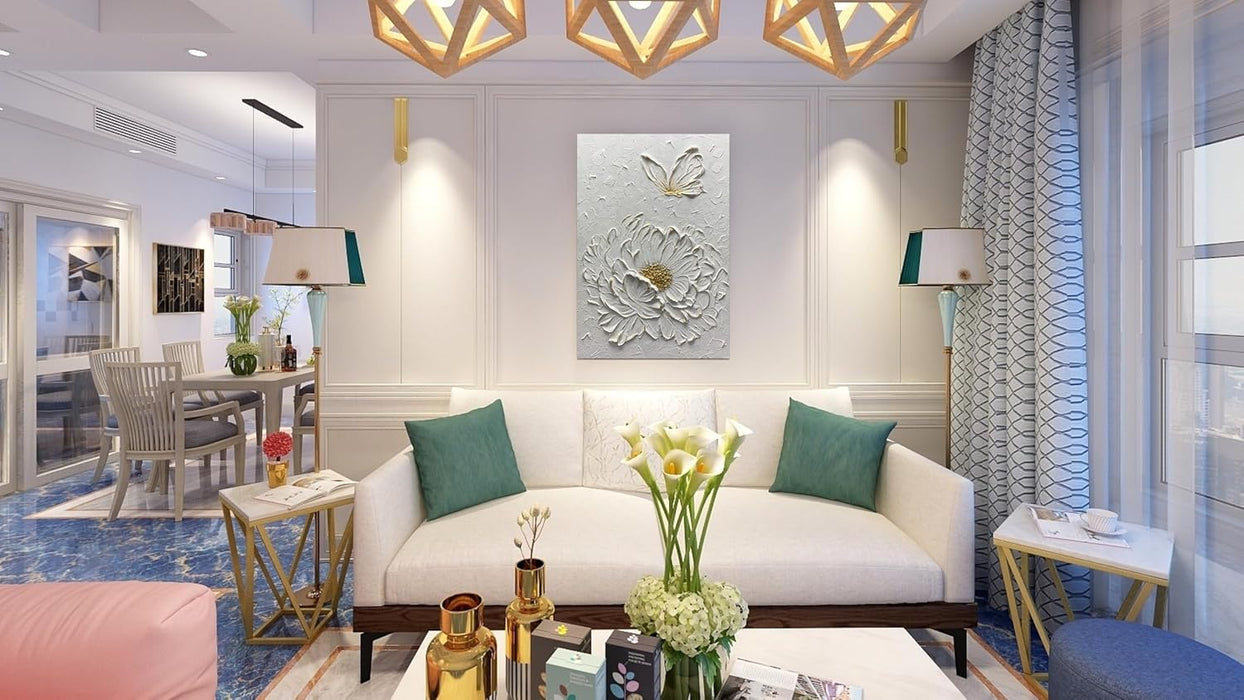 Art,30X45Inch Hand Painted Textured White Flower Oil Painting on Canvas Gold Acrylic Wall Art Abstract Landscape Paintings Stretched and Framed Ready to Hang