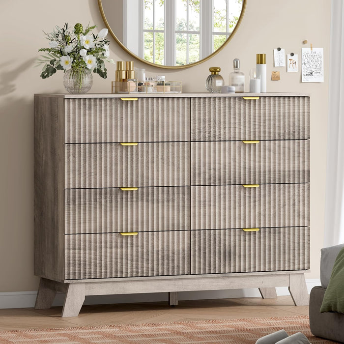 8 Drawer Fluted Dresser for Bedroom, Mid Century Modern Wooden Dresser with 8 Drawers, Dressers & Chests of Drawers with Metal Handle, TV Stand & Storage Organizer for Entryway, Hallway, Grey