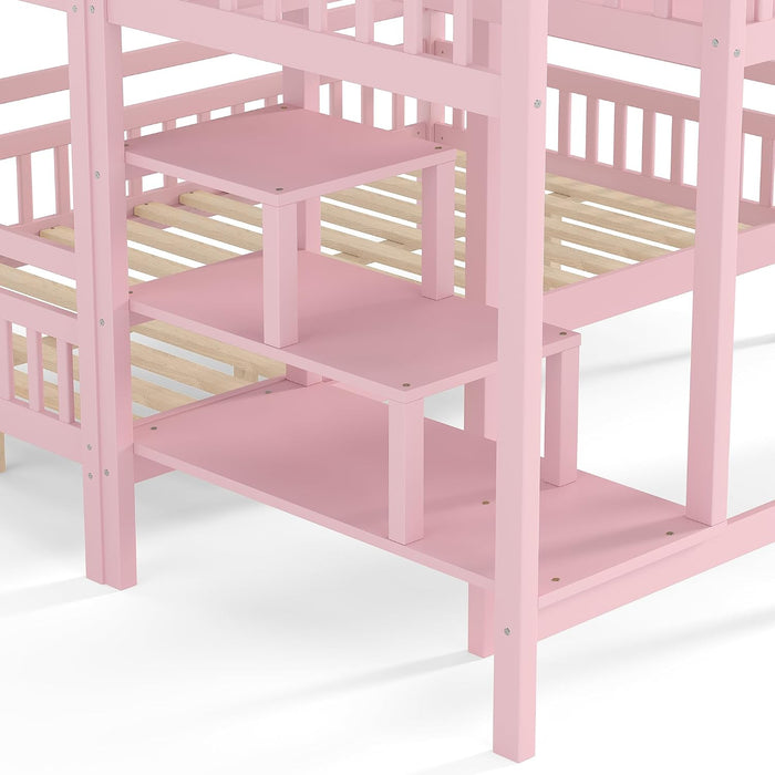 Pink FullOverFullBunkBed PlayhouseWithStairs Storage