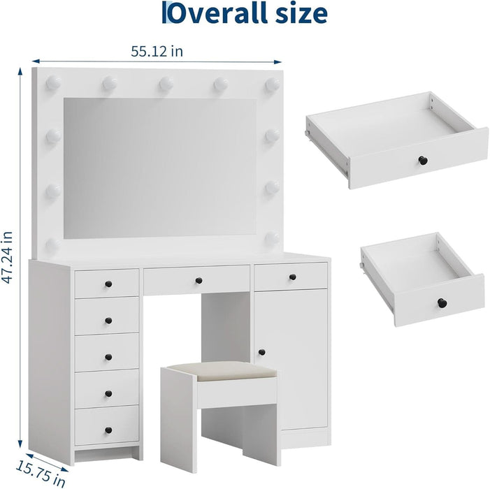 White Vanity Desk with Mirror and Light, Makeup Vanity Table with Charging Station, 7 Storage Drawers, 1 Cabinet, 3 Color Lighting Modes, Modern Wooden Dressing Table for Bedroom