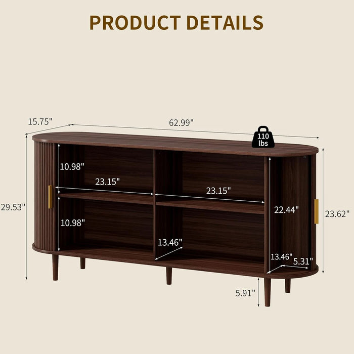 63" Sideboard Buffet Cabinet with Storage,Mid Century Modern Fluted Accent Coffee Bar Console Table,Tambour Sliding Doors& Adjustable Shelf for Kitchen, Living Room, Entryway，Walnut