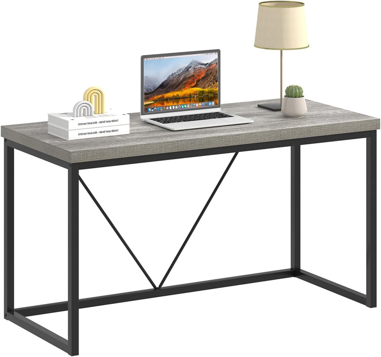 Modern Home Office Desk, Industrial Vintage Computer Desk, Rustic Wood and Metal Study Writing Table, Simple Work Gaming PC Desks for Bedroom Living Room, Light Grey 53 Inch