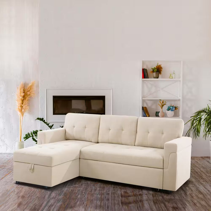 84.64 In. Velvet L-Shaped Sleeper Sectional Sofa with Square Arms In. Beige, Reversible Chaise, and Pull-Out Sofa Bed