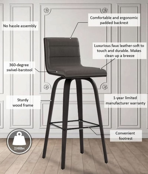 Size Color Options Vienna 30" Bar Height Barstool Brushed Wood Finish Faux Leather, Grey/Black