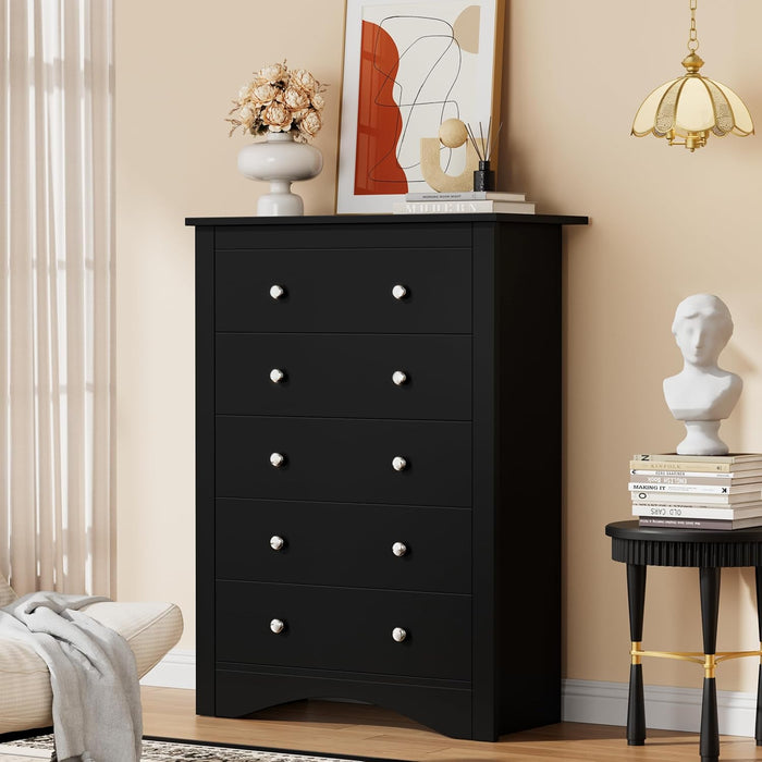 Tall Wooden Dresser Five Drawer Chest BlackFinishEdition