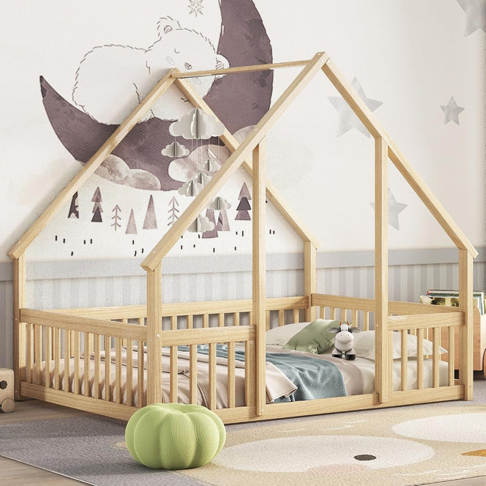 Full Size House-Shaped Natural Wooden Kids Floor Bed