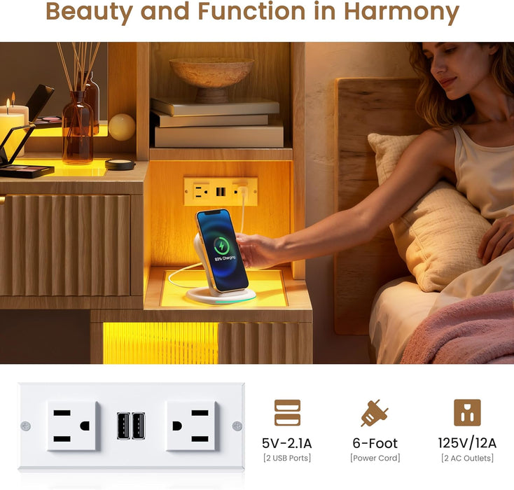 47'' Fluted Makeup Vanity Desk with Large 36" Mirror & Hollywood Bulbs, Smart RGB Lights, Glass Top Vanity with 5 Shelves, 2 RGB Drawers, Acrylic Cabinets, Wood Vanity with Charging Station,Oak