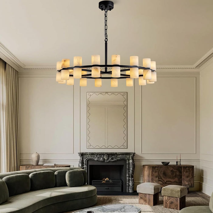 Alabaster round Chandelier, Natural Spanish Stone Texture Chandeliers, D31In round Chandeliers for Dining Room Chandelier Light Fixture for Kitchen Living Room Foyer Entryway Hallway (Black)