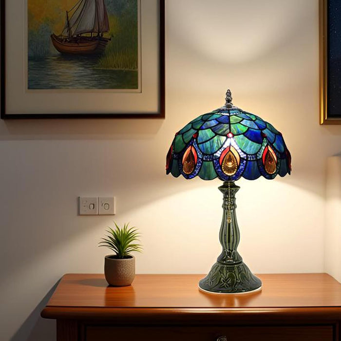 Tiffany Style Stained Glass Table Lamp 18.5 Inch - Blue Peacock Tail