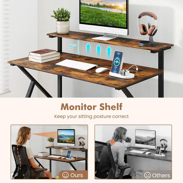 Rolling Computer Desk with Charging Station, Mobile Portable Laptop Desk with Monitor Stand & Storage Shelf, Small Desk with Lockable Wheels for Small Spaces, Home Office (Rustic Brown)